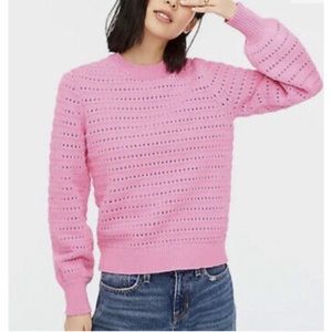 J Crew Pink Pointelle Pullover Sweater Top Balloon Crew Crochet Cotton Knit M